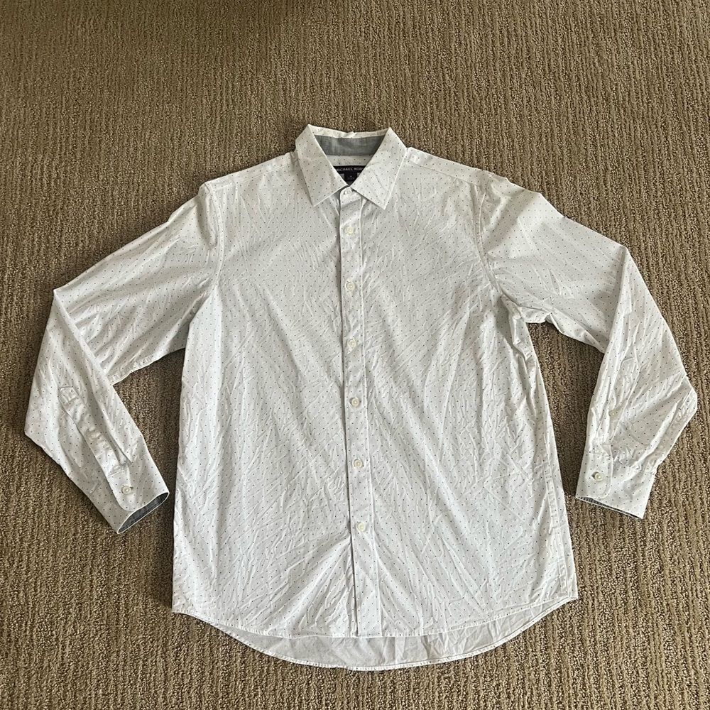 Michael Kors Mens White Collared Button Down Shirt with Black Dots~ Classic Fit